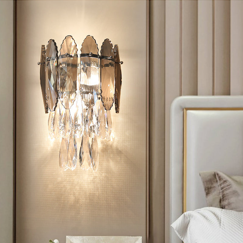 Modern Layered Wall Lighting 2 Lights Clear and Champagne/Smoke Gray Crystal Wall Sconce Light Fixture