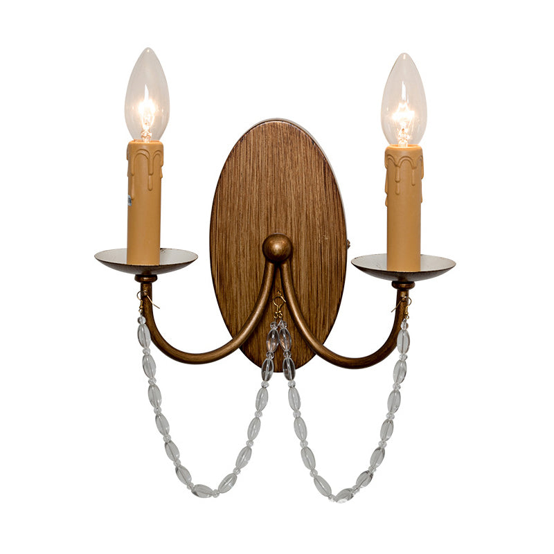 Wood Candle Wall Sconce Light Rustic Crystal Bead 2 Lights Hallway Wall Mount Lamp