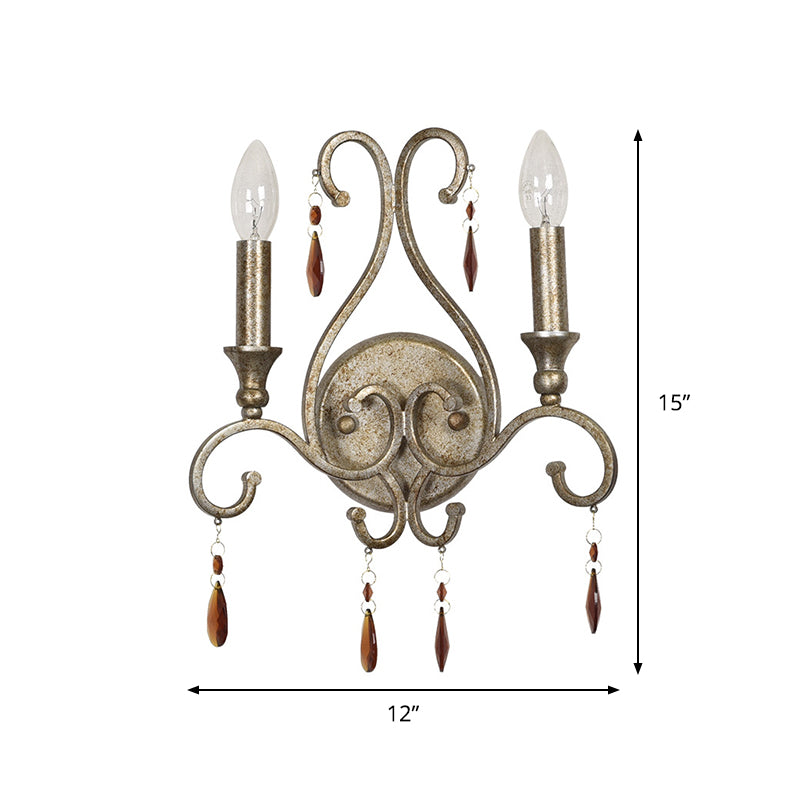 Lampada da parete a 2 teste in argento invecchiato Lampada da parete con candeliere in cristallo ambrato rustico