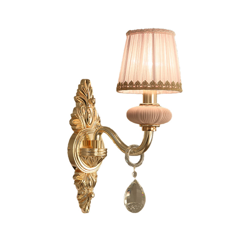 Stof roze wandlichtkegel 1/2-bulb landelijke wandwandverlichtingsarmatuur met heldere kristalval