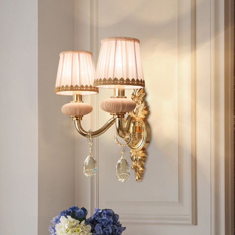 Stof roze wandlichtkegel 1/2-bulb landelijke wandwandverlichtingsarmatuur met heldere kristalval