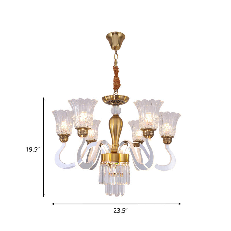 Clear Crystal Flower Ceiling Lamp Contemporary 6-Head Dining Room Chandelier with Acrylic Arm