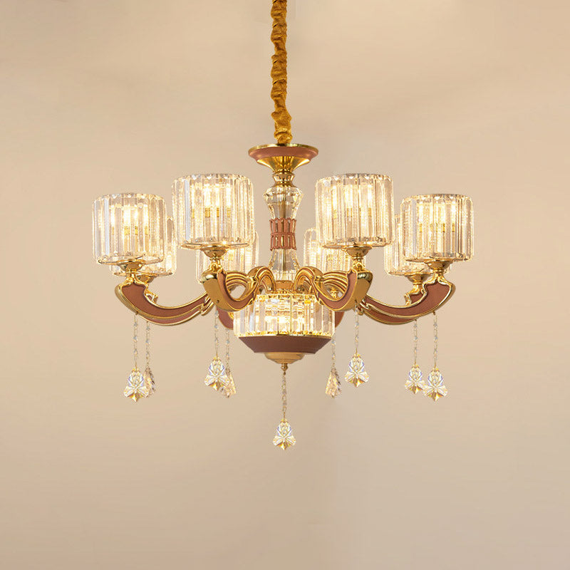 Mid Century Column Pendant Lamp 8-Light Crystal Block Chandelier Light Fixture in Gold