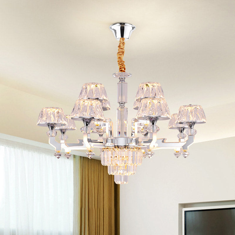12 Heads Chandelier Lamp Minimalism Living Room Pendant with Conical Crystal Shade in Chrome