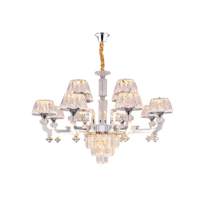 12 Heads Chandelier Lamp Minimalism Living Room Pendant with Conical Crystal Shade in Chrome