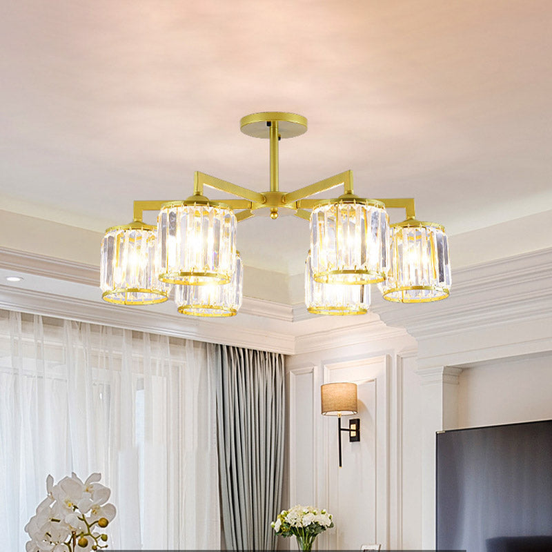 Cilindro de cristal K9 Semi Flush Postmoderno 3/6 Bulbos Sala de estar Techo Monte en oro