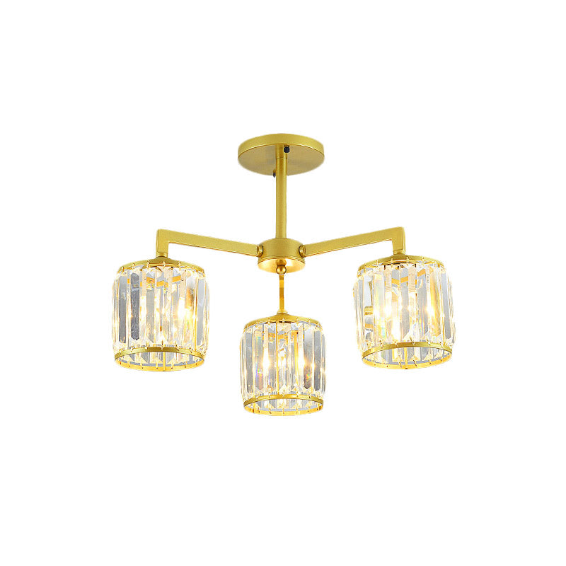 Cilindro de cristal K9 Semi Flush Postmoderno 3/6 Bulbos Sala de estar Techo Monte en oro