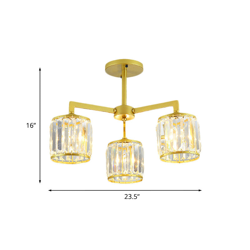 Cilindro de cristal K9 Semi Flush Postmoderno 3/6 Bulbos Sala de estar Techo Monte en oro