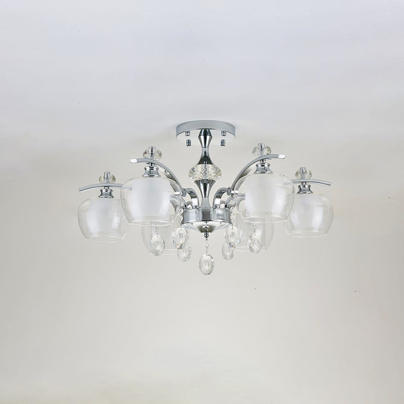 Clear Glass Sputnik Semi Flush Modernist 6 Heads Living Room Flushmount in Chrome with Crystal