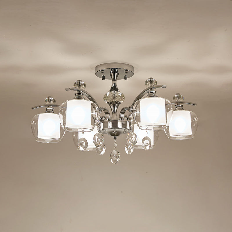 Clear Glass Sputnik Semi Flush Modernist 6 Heads Living Room Flushmount in Chrome with Crystal