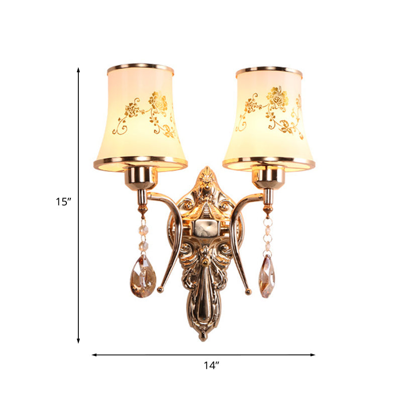 2 Bulbs Bell Sconce Lamp Mid-Century Gold Frosted Glass Wall Lighting Fixture with Crystal Drop