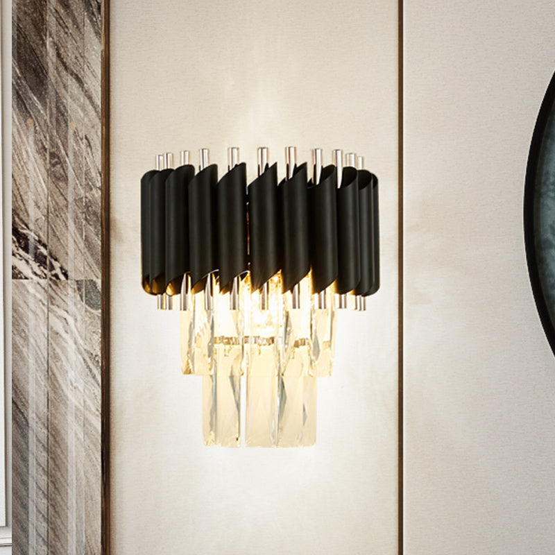 Contemporary Layered Wall Lighting 2-Light Clear K9 Crystal Wall Sconce Light Fixture in Black