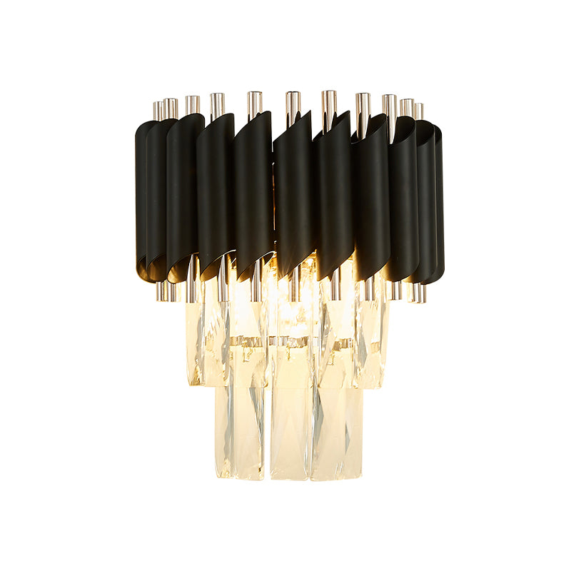 Contemporary Layered Wall Lighting 2-Light Clear K9 Crystal Wall Sconce Light Fixture in Black