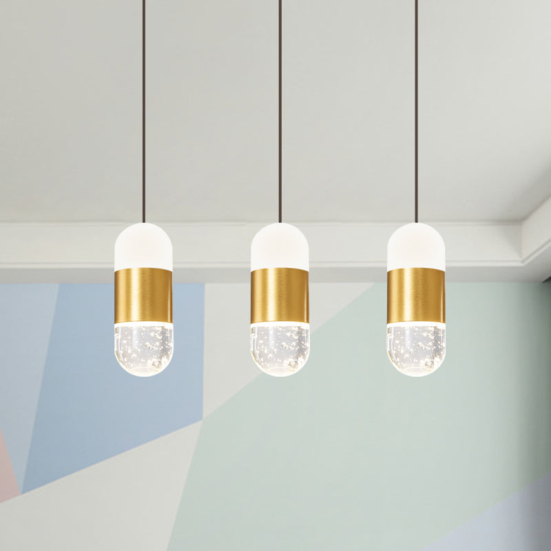 Brass 3-Head Cluster Pendant Minimalist Seedy Crystal Capsule Hanging Ceiling Light for Dining Room