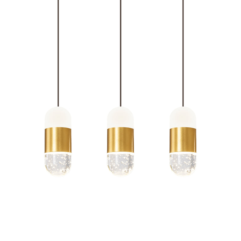 Brass 3-Head Cluster Pendant Minimalist Seedy Crystal Capsule Hanging Ceiling Light for Dining Room