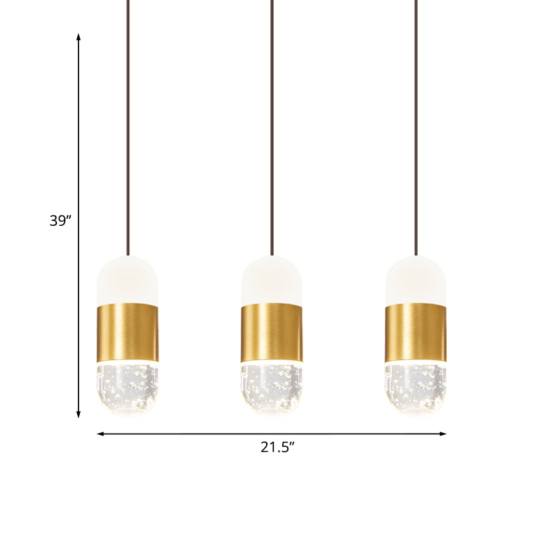 Brass 3-Head Cluster Pendant Minimalist Seedy Crystal Capsule Hanging Ceiling Light for Dining Room
