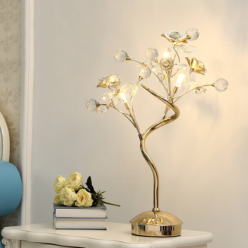 White/Pink Floret Table Lighting Pastoral Style Crystal 3 Heads Lounge Night Lamp with Ceramic Accent