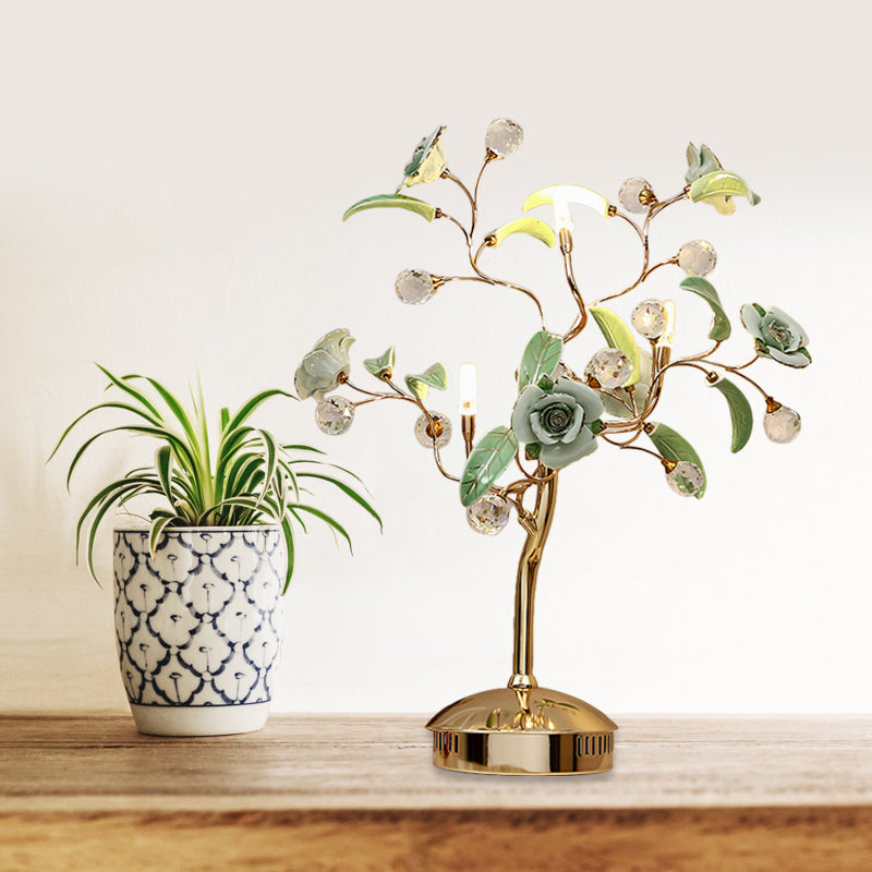 Lámpara nocturna de árbol de flores de 3 bombas Jardín coreano White/Red/Verde Ceramic Table Luz con tallo de oro