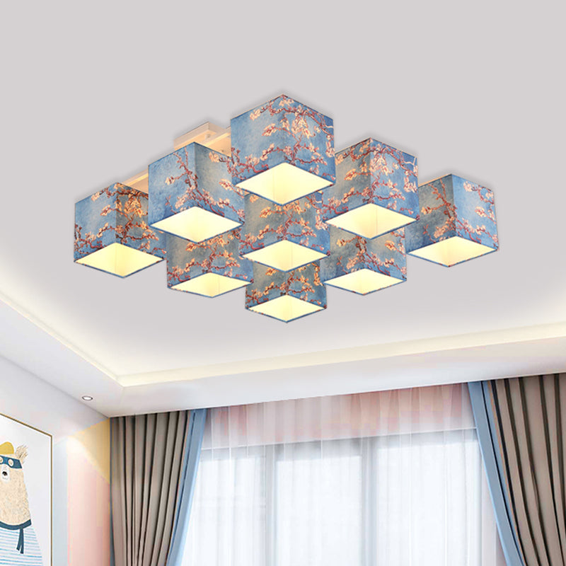 9 Bulbs Cube Semi Flush Mount Chandelier Pastoral Style Blue Printed Fabric Ceiling Light
