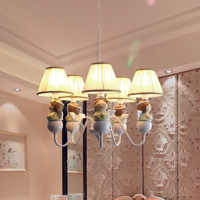 Fabric Conical Hanging Light Cartoon 5 Heads White Chandelier Lamp with Angel Decoration