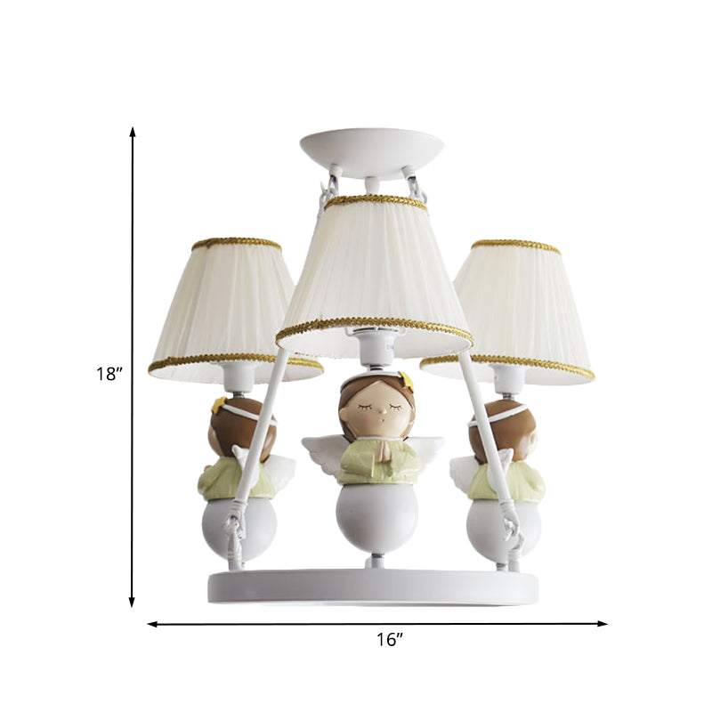 Tapered Suspension Lamp Cartoon Fabric 3 Bulbs Kids Bedroom Chandelier Light in White with Angel Design