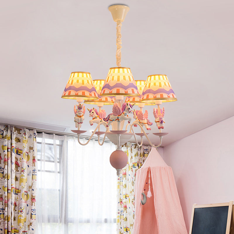 Pink/Blue Tapered Pendant Chandelier Cartoon 5 Lights Fabric Ceiling Light with Unicorn Decoration