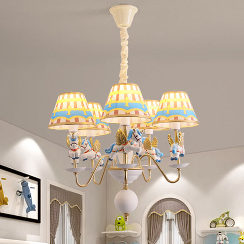 Pink/Blue Tapered Pendant Chandelier Cartoon 5 Lights Fabric Ceiling Light with Unicorn Decoration