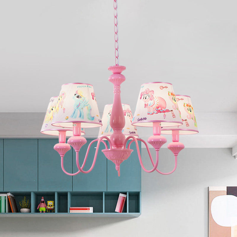 Kids 5/6-Light Hanging Chandelier Pink Barrel Suspension Pendant Light with Fabric Shade for Nursery