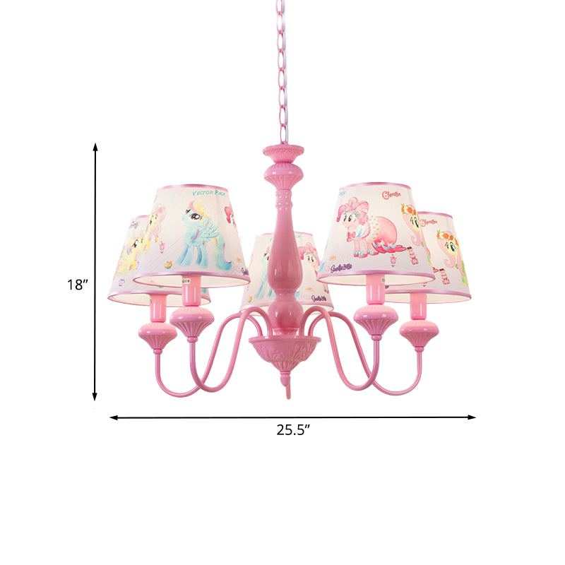 Kids 5/6-Light Hanging Chandelier Pink Barrel Suspension Pendant Light with Fabric Shade for Nursery