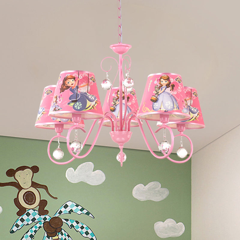 5/6 Bulbs Nursery Ceiling Chandelier Kids White/Pink Pendant Light Fixture with Bucket Fabric Shade