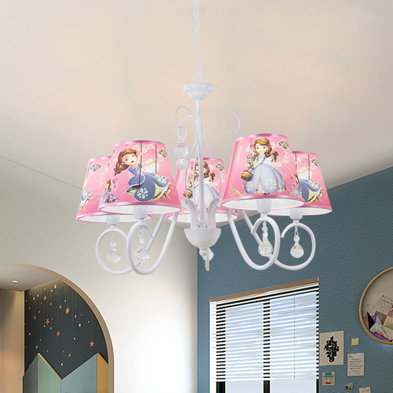 5/6 Bulbs Nursery Ceiling Chandelier Kids White/Pink Pendant Light Fixture with Bucket Fabric Shade