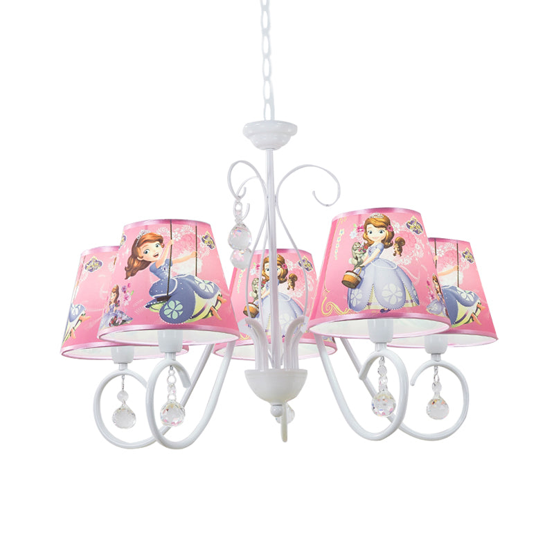 5/6 Bulbs Nursery Ceiling Chandelier Kids White/Pink Pendant Light Fixture with Bucket Fabric Shade