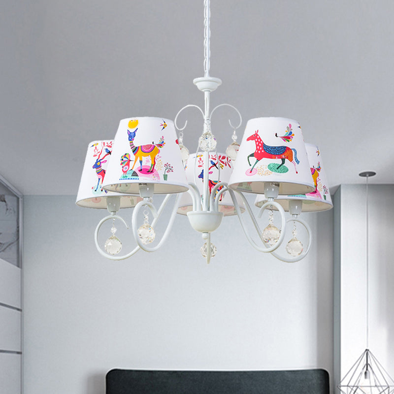 Cone Fabric Suspension Lamp Kids 5 Heads White Pendant Chandelier with Animal Pattern and Crystal Ball