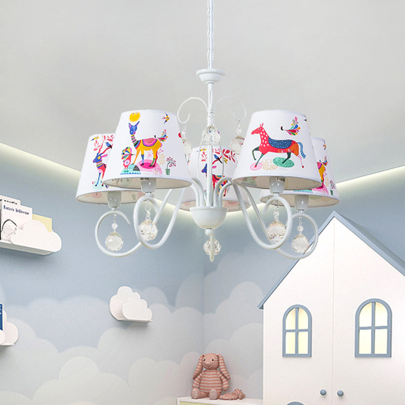 Cone Fabric Suspension Lamp Kids 5 Heads White Pendant Chandelier with Animal Pattern and Crystal Ball