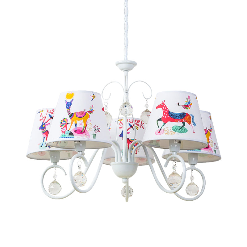 Cone Fabric Suspension Lamp Kids 5 Heads White Pendant Chandelier with Animal Pattern and Crystal Ball