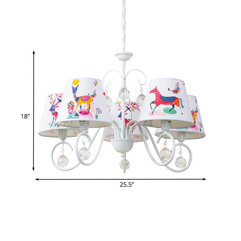 Cone Fabric Suspension Lamp Kids 5 Heads White Pendant Chandelier with Animal Pattern and Crystal Ball