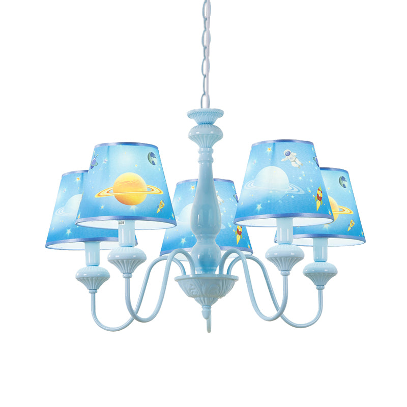 Blue Barrel Chandelier Light Mediterranean 5/6 Bulbs Fabric Ceiling Hang Fixture with Universe Pattern