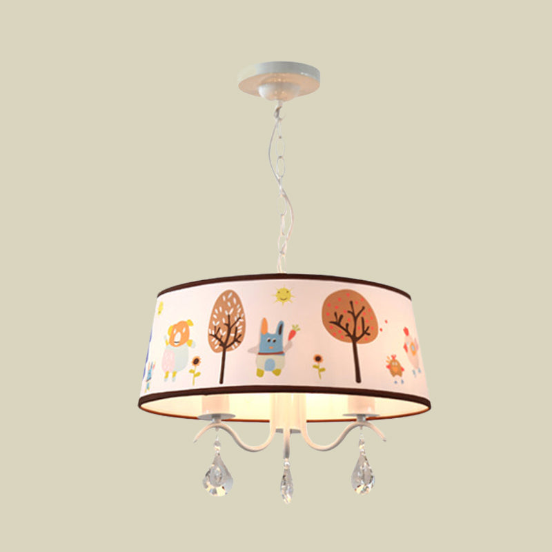 Cartoon 3/5 Heads Chandelier White Drum Pendant with Forest Pattern Fabric Shade and Crystal Drop
