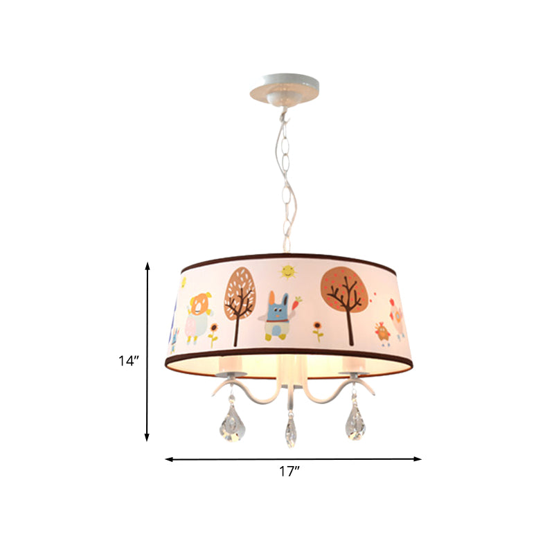 Cartoon 3/5 Heads Chandelier White Drum Pendant with Forest Pattern Fabric Shade and Crystal Drop