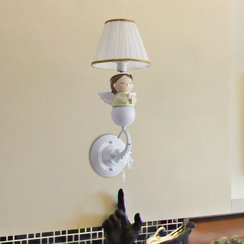 Fabric Barrel Wall Light Fixture Cartoon 1-Head White Wall Sconce Lamp with Resin Angel Design