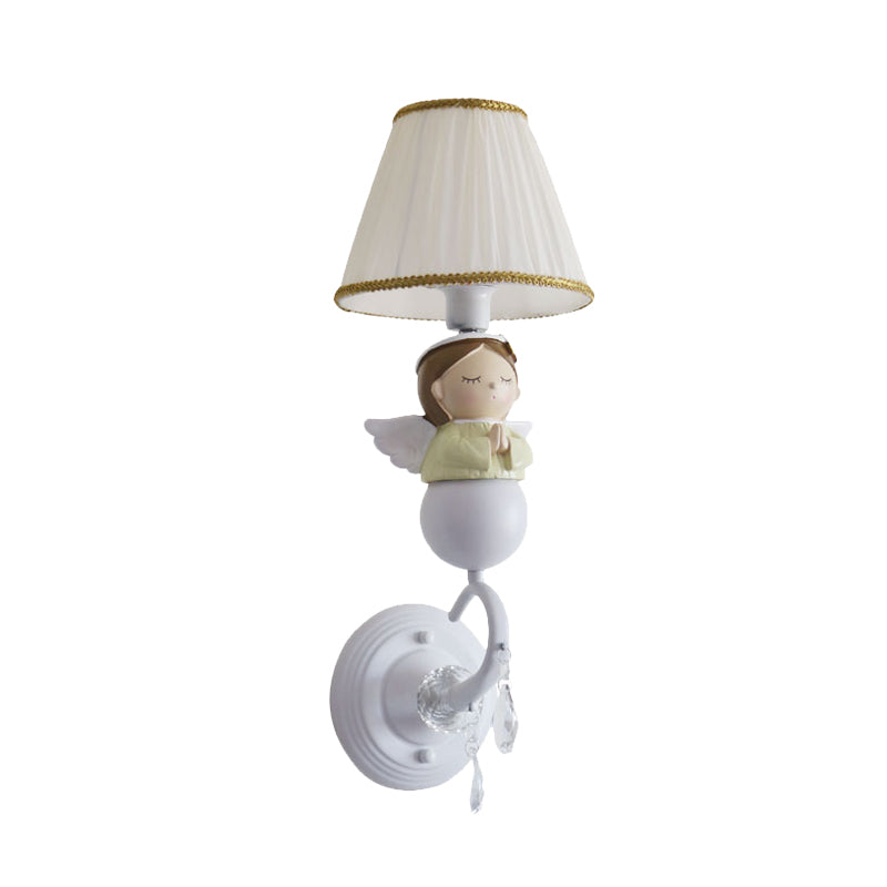 Fabric Barrel Wall Light Fixture Cartoon 1-Head White Wall Sconce Lamp with Resin Angel Design