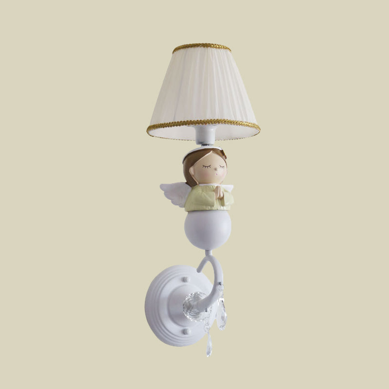 Fabric Barrel Wall Light Fixture Cartoon 1-Head White Wall Sconce Lamp with Resin Angel Design