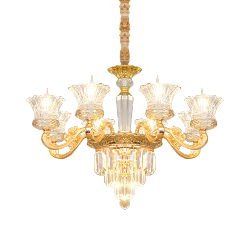 Clear Crystal Glass Gold Pendant Blossom 8 Heads Modernist Chandelier with Carved Arm