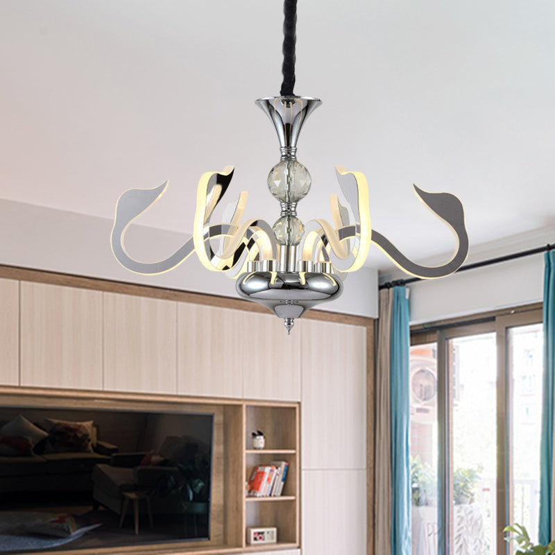 Acrylic Gooseneck Arm Ceiling Lamp Contemporary 6 Lights Living Room Chandelier with Crystal in Chrome