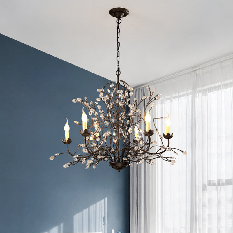 Black Candlestick Chandelier Lighting Traditional Crystal 6 Lights Bedroom Ceiling Lamp with Branch Design