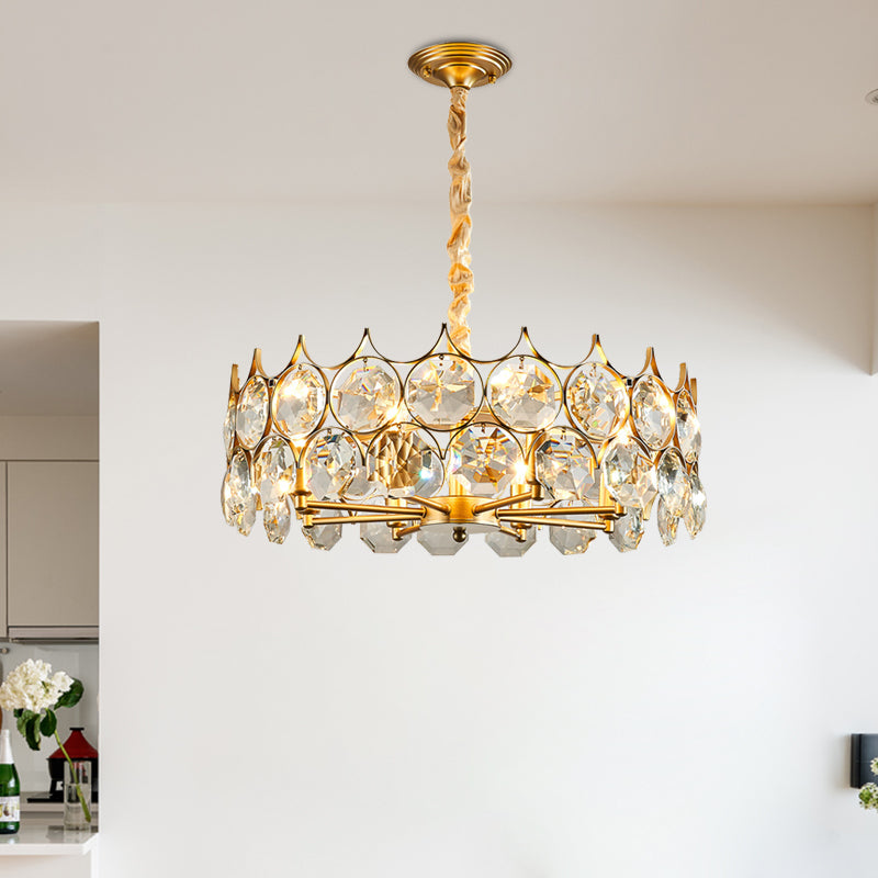 Minimalist Drum Pendant Chandelier 8 Bulbs Faceted Crystal Ceiling Hang Fixture in Gold