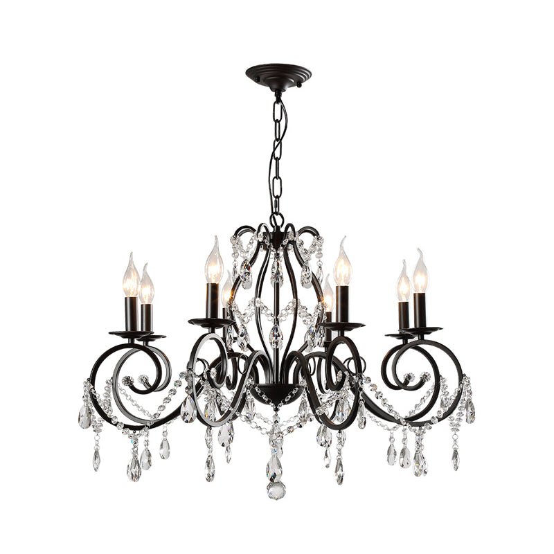 8-Bulb Scrolled Arm Chandelier Black Metal Ceiling Pendant Light with Crystal Draping