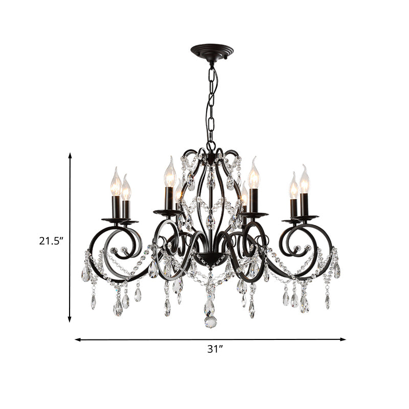 8-Bulb Scrolled Arm Chandelier Black Metal Ceiling Pendant Light with Crystal Draping