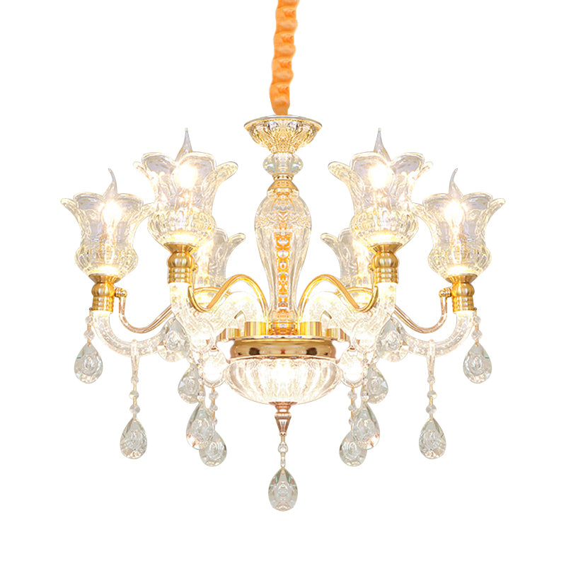 Blossom Clear Glass Ceiling Lamp Modern 6 Bulbs Bedroom Chandelier in Gold with Crystal Drop