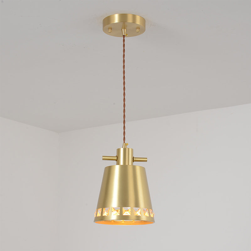Metal Conical Down Lighting Post Modern 1 Head Brass Pendant with Crystal Embedded Edge Design